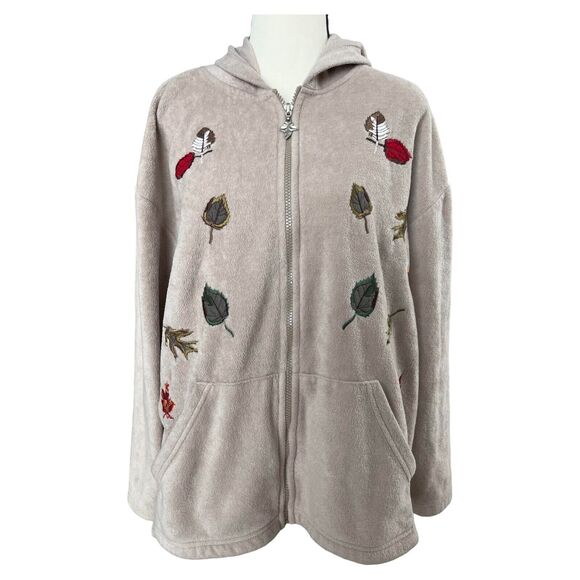 SZ XL, Fleece Hoodie, Leaf Embroidered Beige Jacket, Fall - Picture 1 of 7